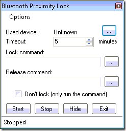 dialog box showing the Bluetooth Proximity Lock utility